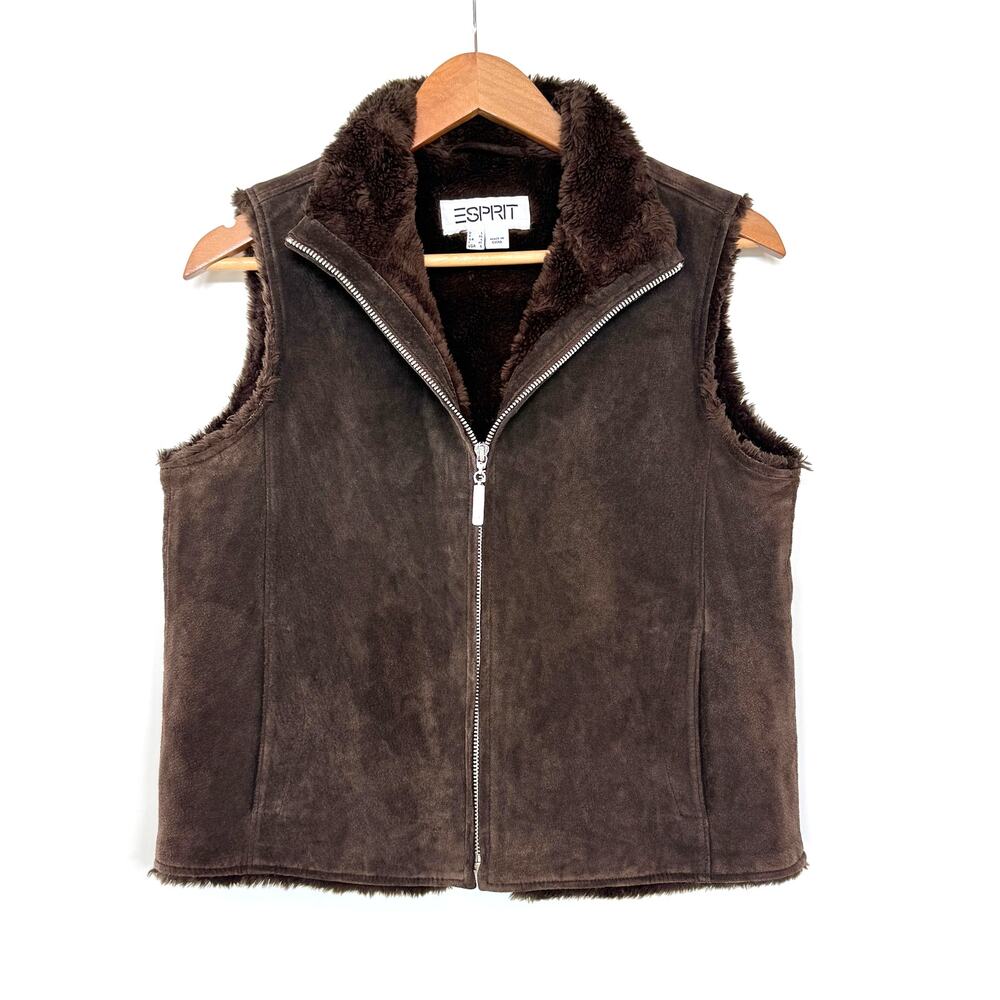 90's/Y2K vintage ESPRIT brown 100% suede faux fur lined vest